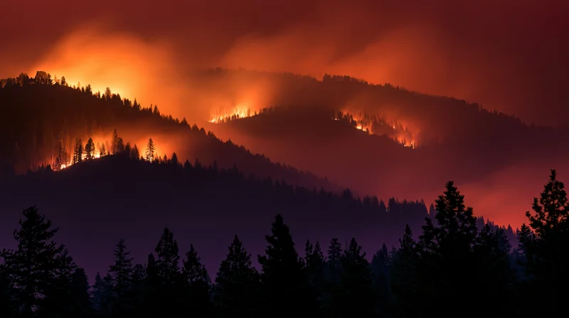 Wildfire burning across forested hills at night
