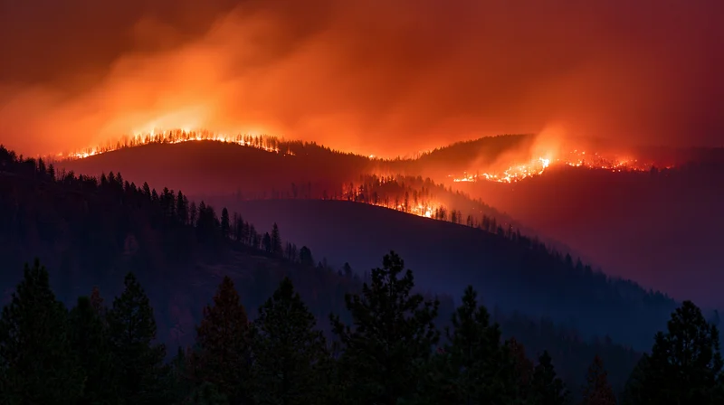 Wildfire burning across forested hills at night