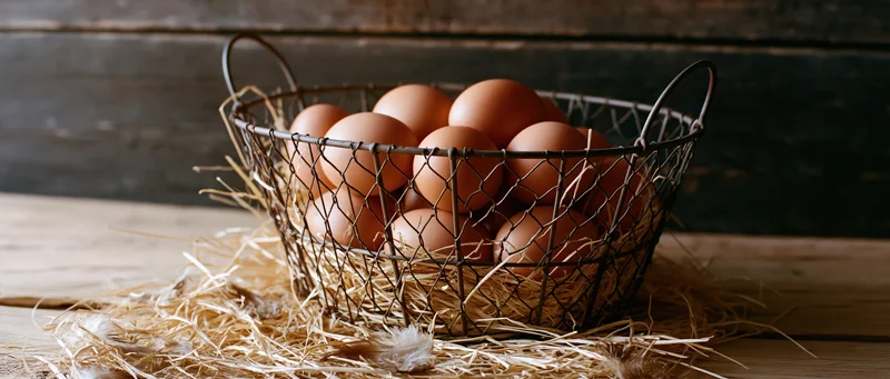 Wire basket filled with brown chicken eggs resting on hay on a wooden table