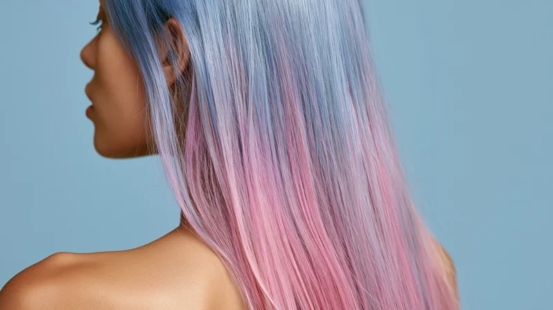 Woman in profile with long straight pastel blue and pink ombre hair against light blue background