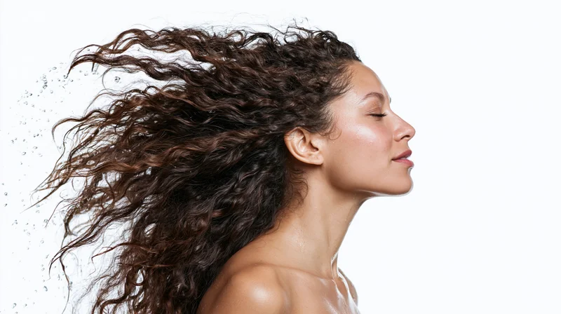 Woman in profile with wet curly dark brown hair flowing in motion against white background