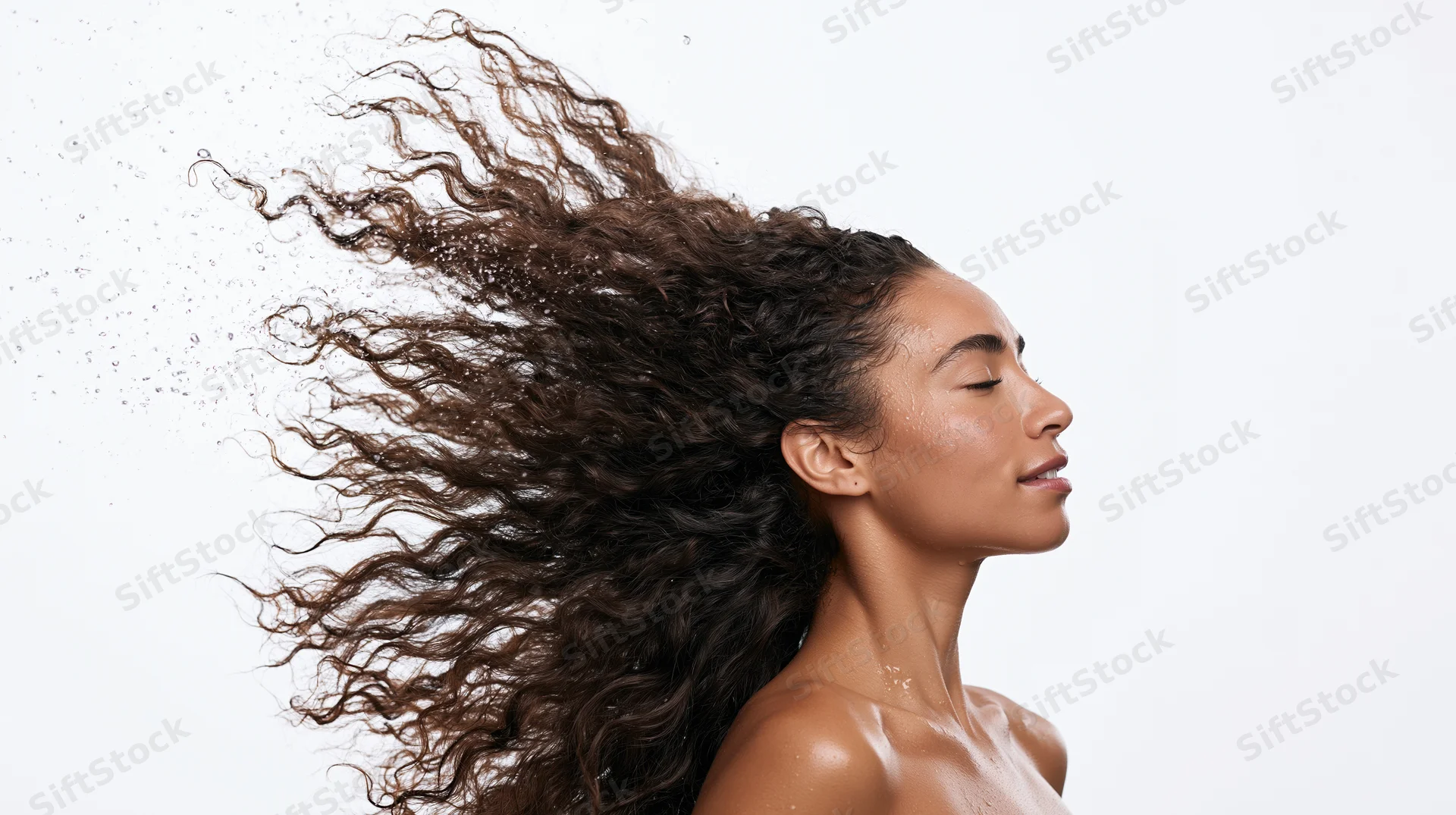 Woman in profile with long curly dark brown hair flying in motion, wet with water droplets, bare shoulders, white background