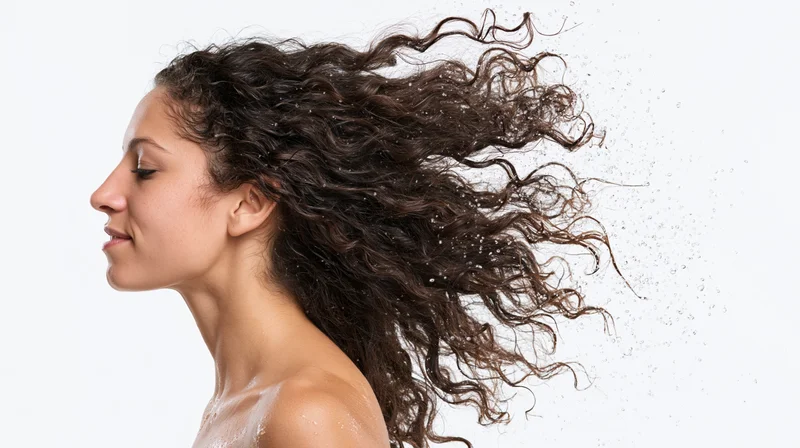 Woman in profile with wet curly hair flying in motion against white background