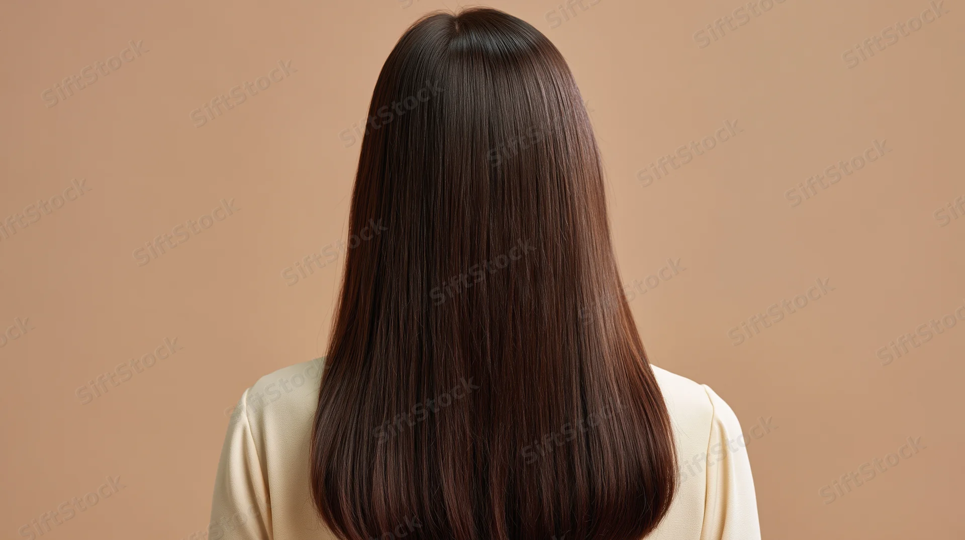 Woman seen from back with long straight dark brown hair against beige background