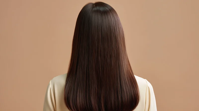 Woman seen from back with long straight dark brown hair against beige background