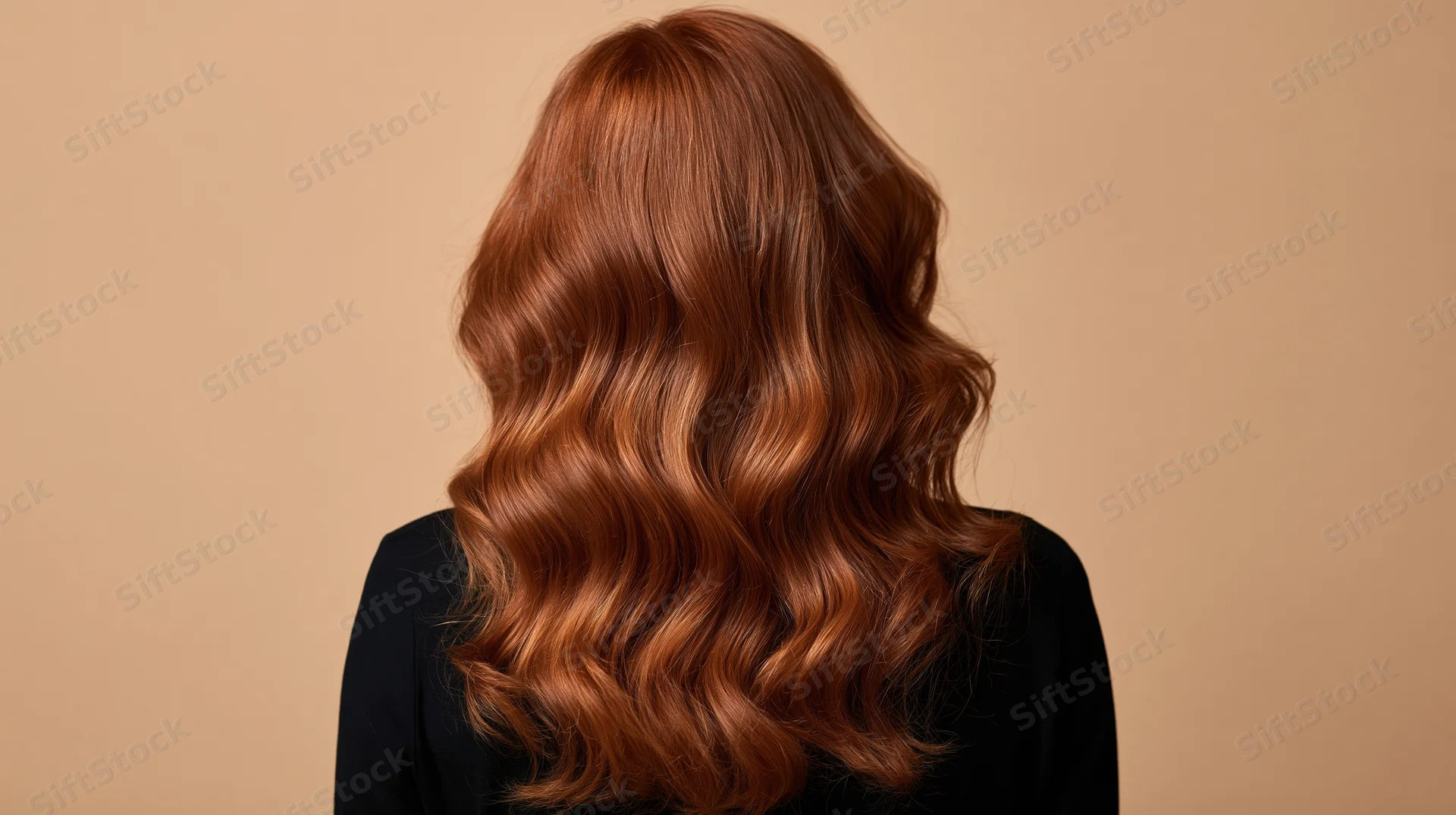 Woman with long wavy auburn hair seen from back in studio setting