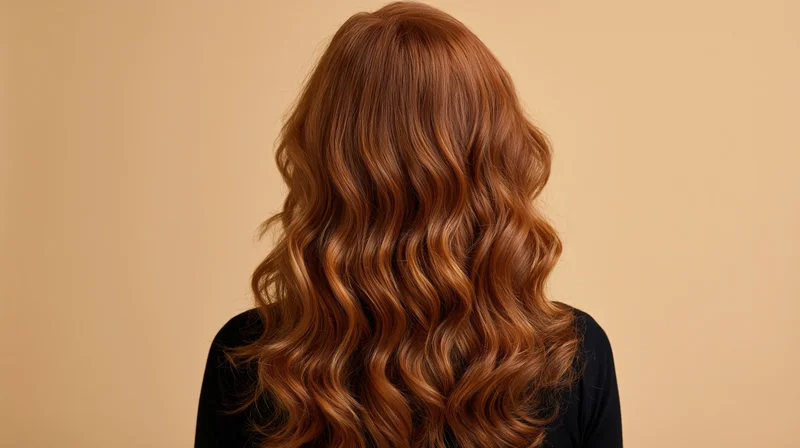 Woman with long wavy auburn hair seen from back against beige background