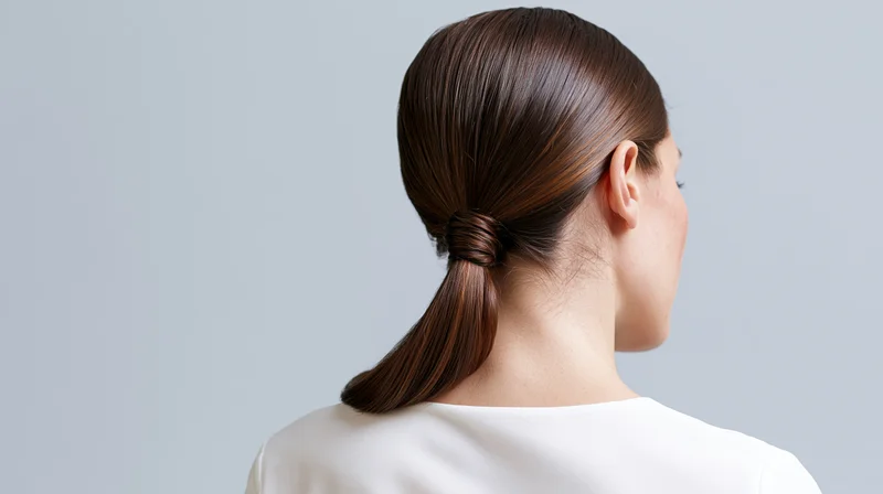 Woman seen from behind with sleek low ponytail, wearing white top against light gray background