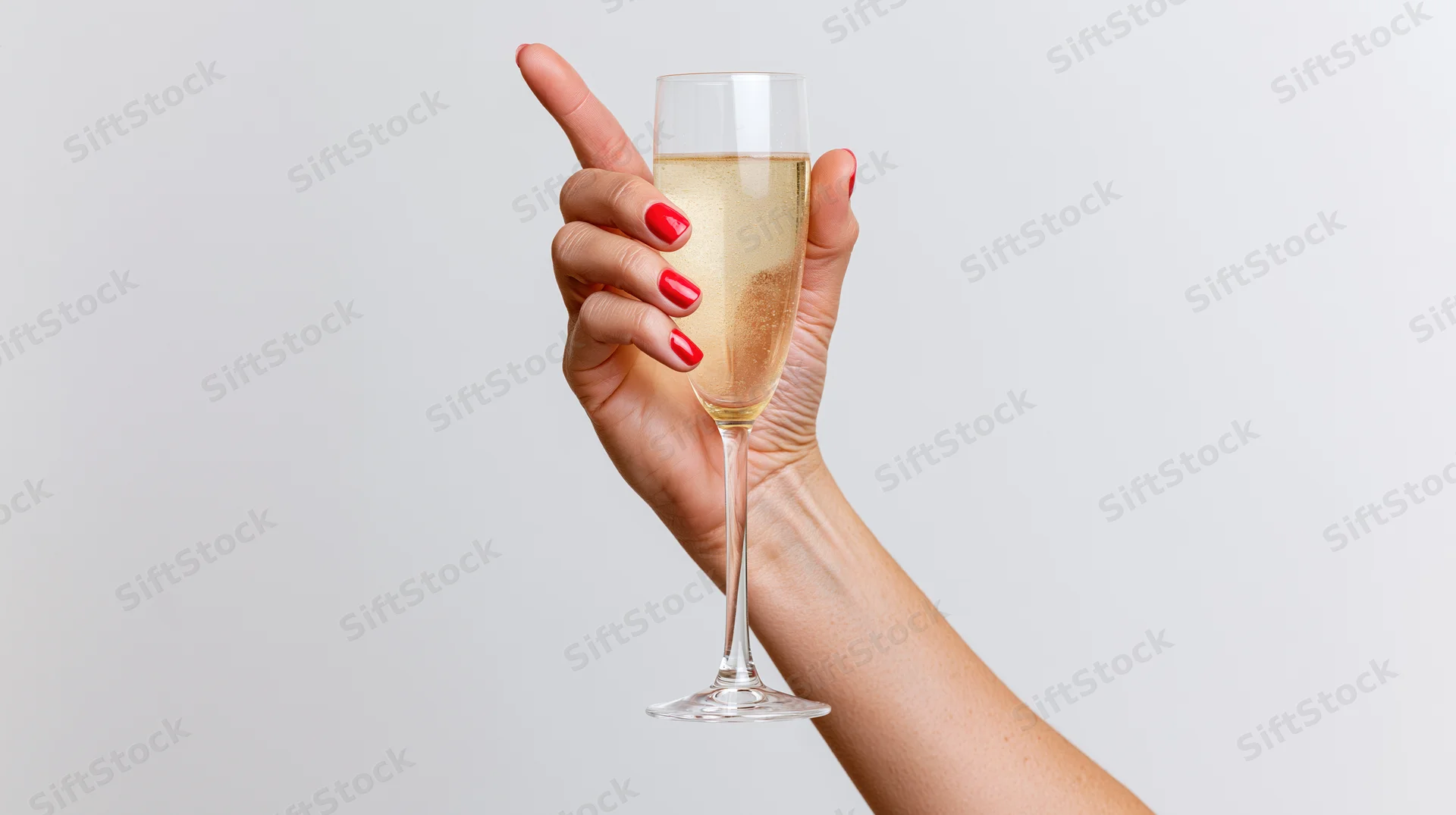 Woman's hand with red nail polish holding a champagne glass against a white background