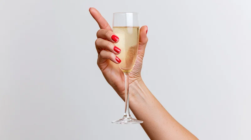 Woman's hand with red nail polish holding a champagne glass against a white background