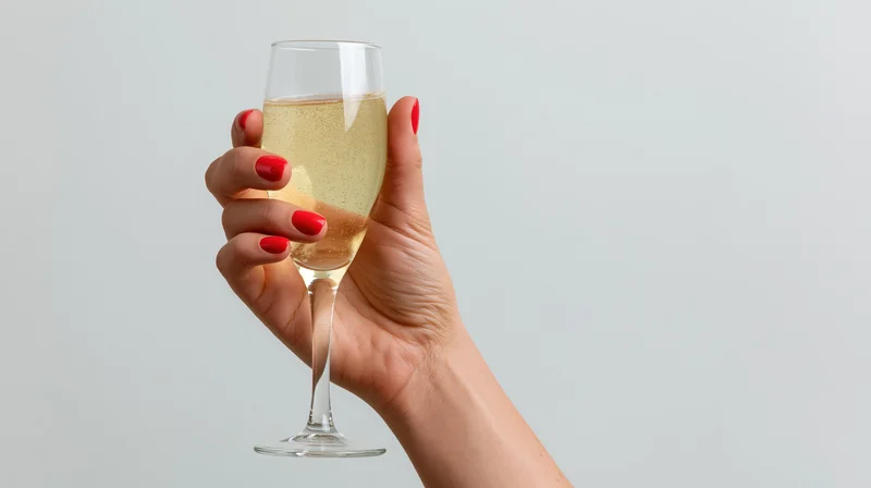 Woman's hand with red nail polish holding a champagne glass against white background