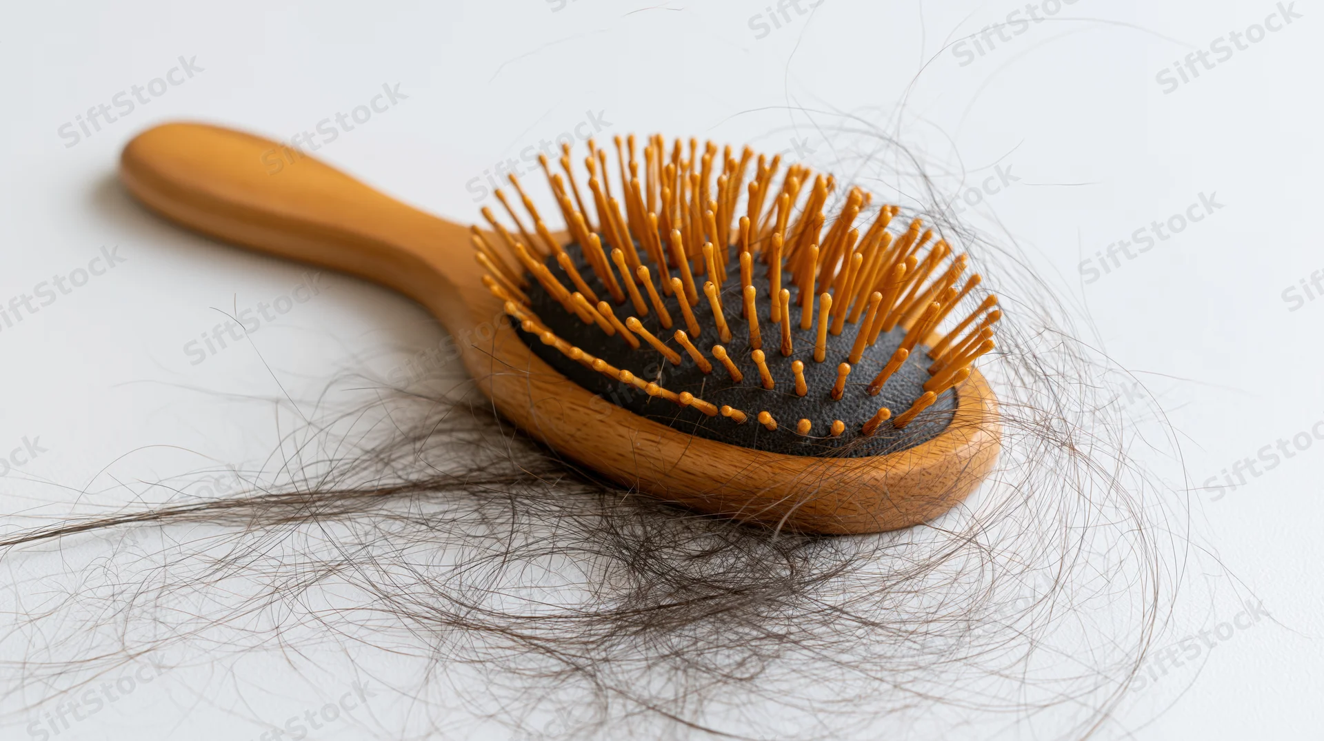 Wooden hairbrush with dark bristles and loose hair on white surface