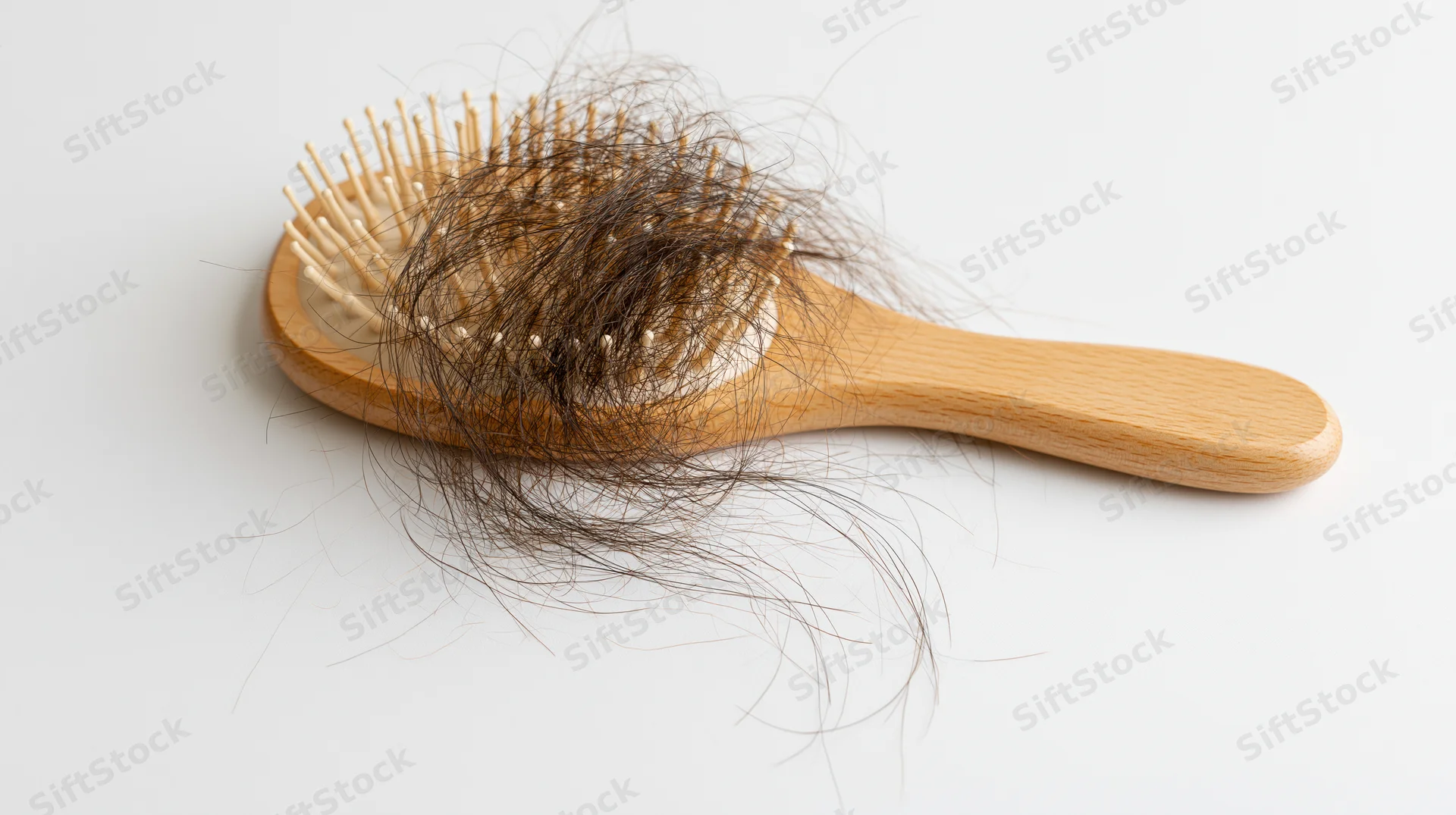 Wooden paddle hairbrush with tangled dark hair strands on white surface