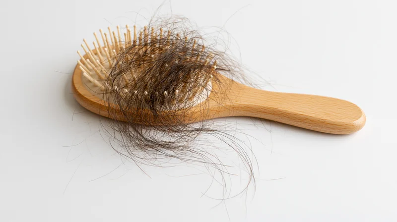 Wooden paddle hairbrush with tangled dark hair strands on white surface