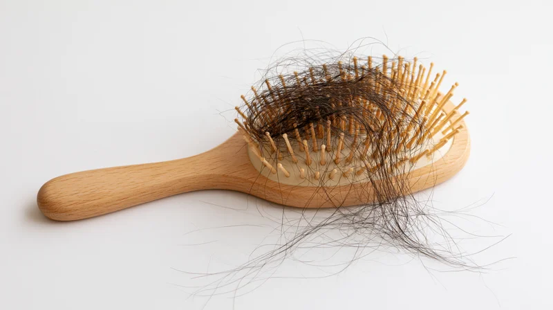 Wooden paddle hairbrush with tangled dark hair strands on white background