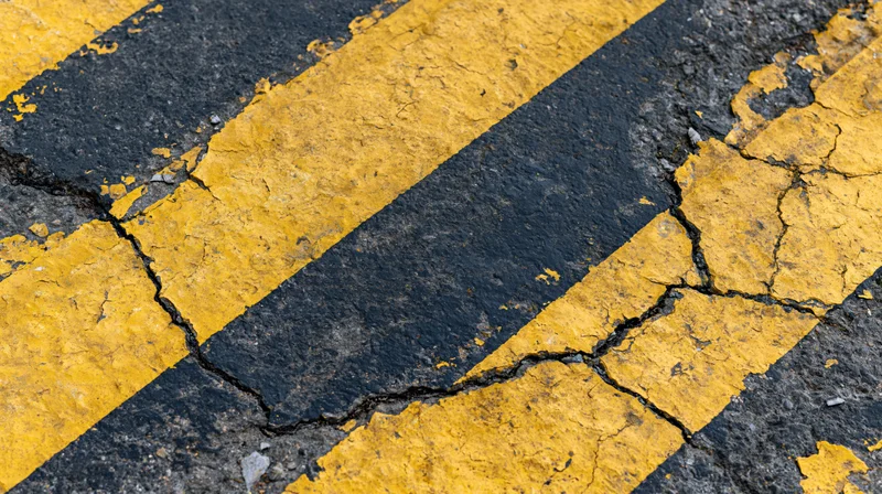 Cracked asphalt road with diagonal yellow hazard stripes showing wear and damage