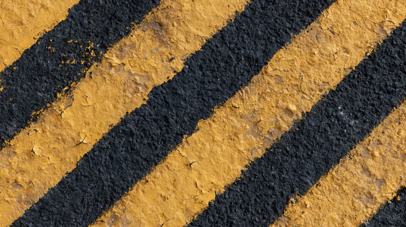 Diagonal hazard stripes painted on worn asphalt pavement