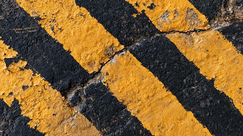 Diagonal yellow and black hazard stripes on cracked asphalt pavement