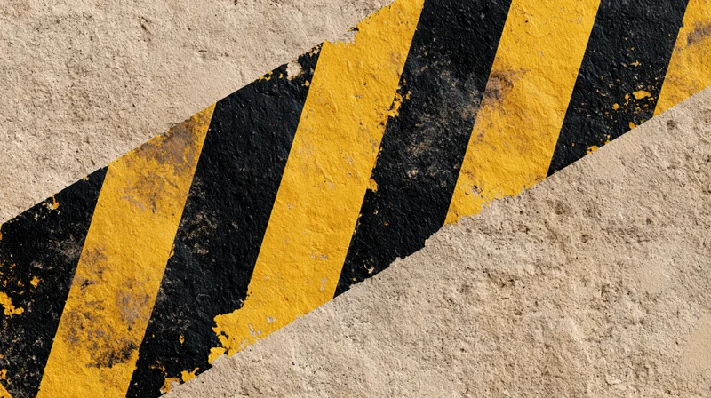 Diagonal black and yellow hazard stripes on a worn concrete surface