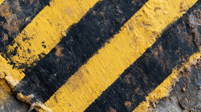 Diagonal black and yellow hazard stripes on a worn industrial surface