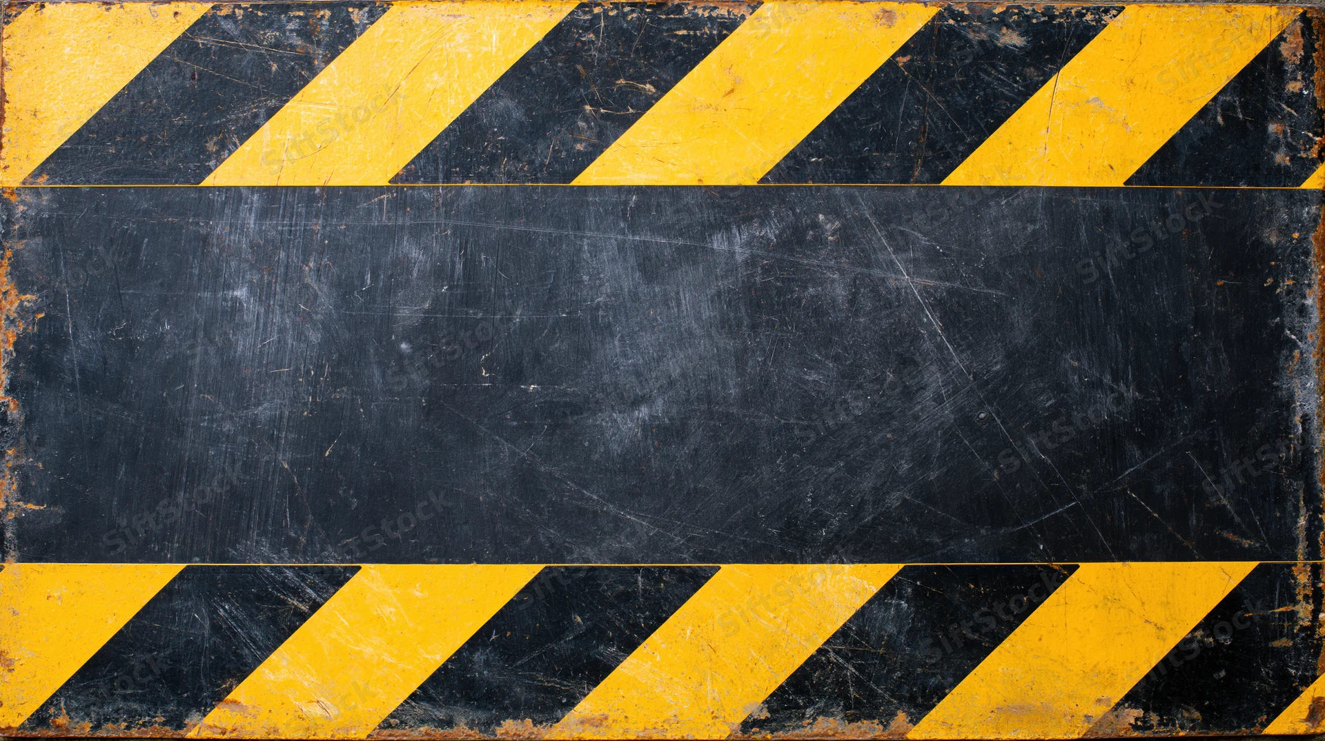 Worn industrial hazard warning surface with diagonal yellow and black stripes and central black panel