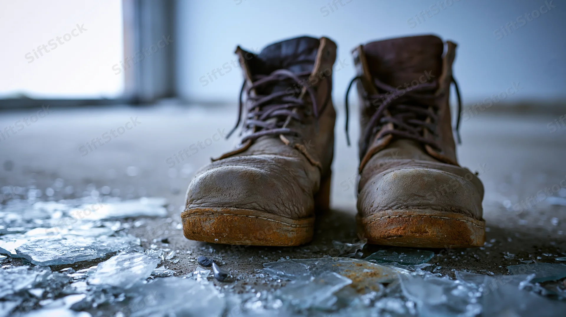 Worn leather work boots standing on a concrete floor scattered with broken glass shards