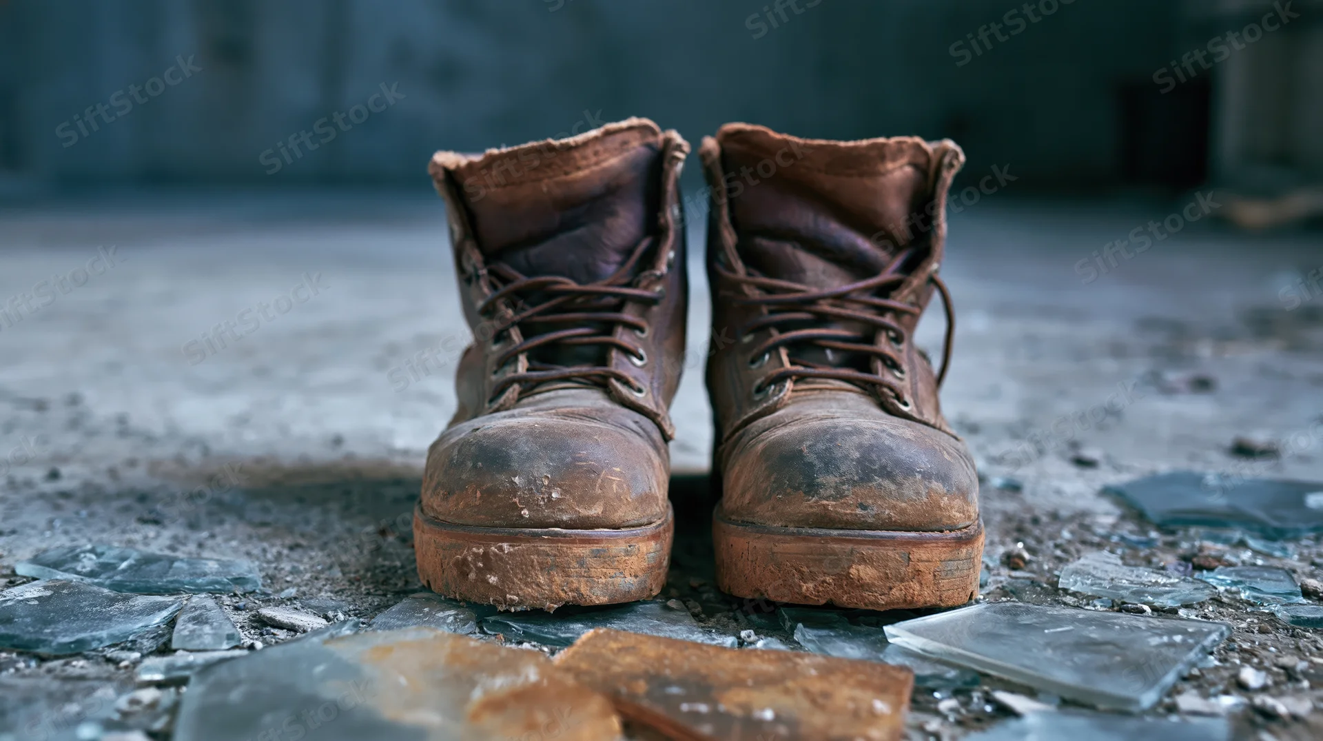 Worn leather work boots standing on a concrete floor scattered with broken glass shards