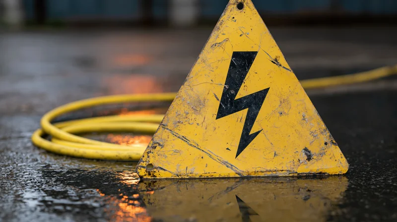 Worn yellow triangular electrical hazard sign with lightning symbol on wet pavement near coiled yellow cable