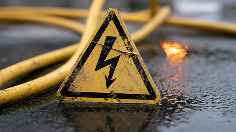 Worn yellow triangular electrical hazard warning sign on wet pavement with sparks and coiled yellow cable nearby