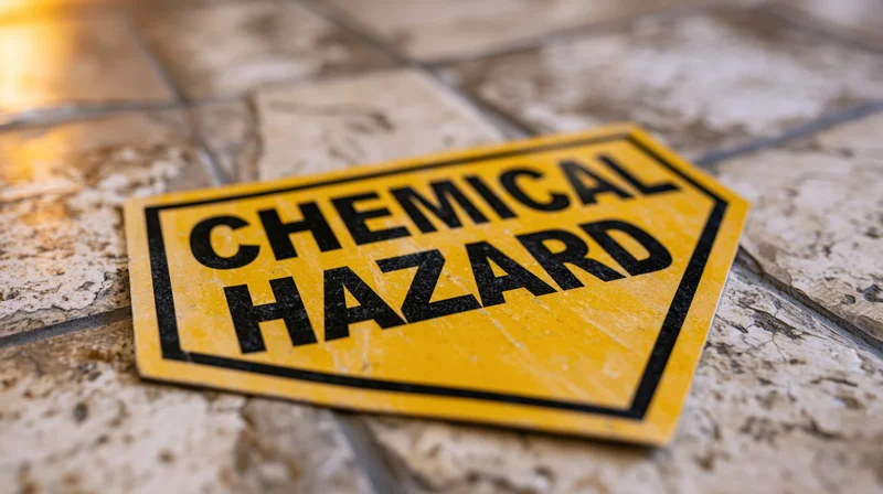 Yellow and black chemical hazard warning sign lying flat on stone tile floor