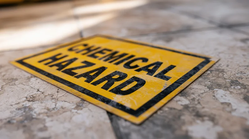 Yellow and black chemical hazard warning sign lying flat on cracked concrete floor