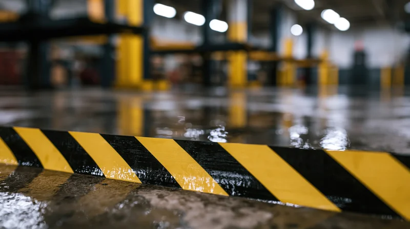 Yellow and black striped caution tape on wet concrete floor in warehouse aisle