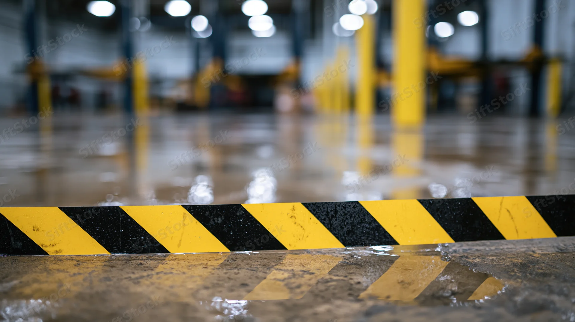 Yellow and black striped caution tape on wet concrete floor in industrial warehouse