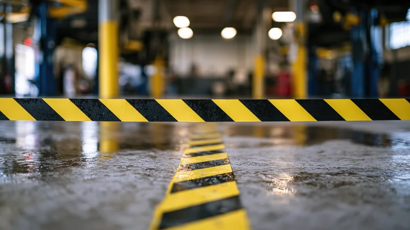 Yellow and black caution tape stretched across a wet concrete floor in an industrial workshop