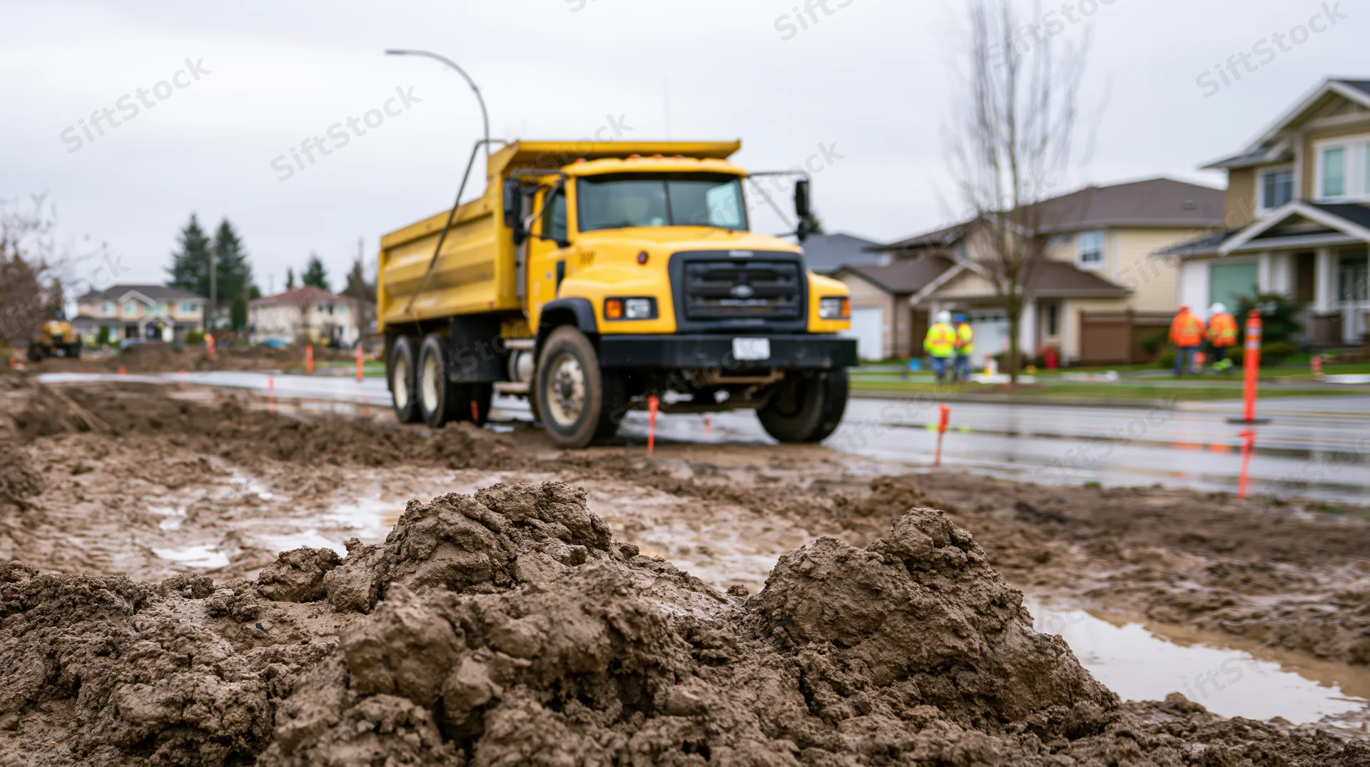 Yellow dump truck parked on a torn-up residential street mid-construction with mud and workers in the background