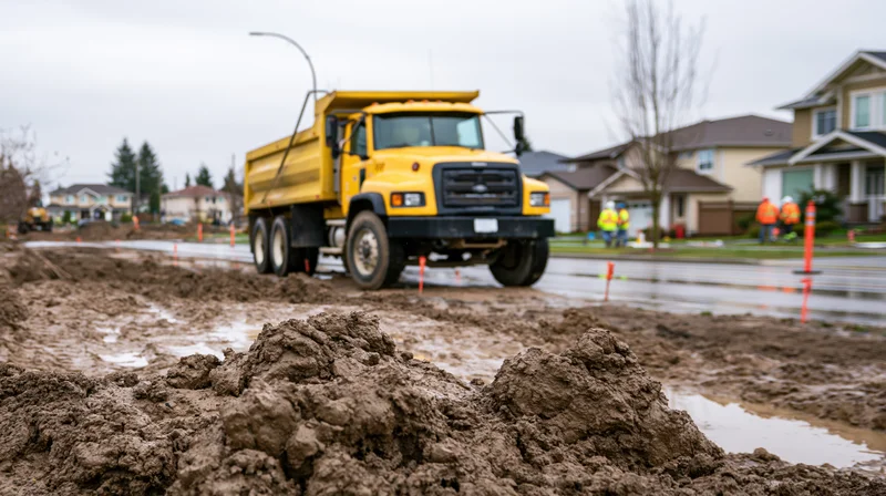 Yellow dump truck parked on a torn-up residential street mid-construction with mud and workers in the background