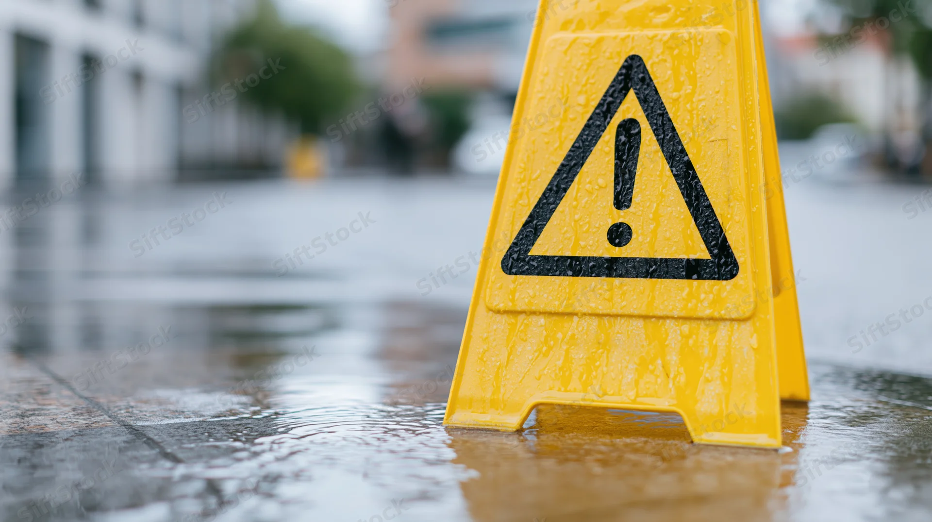 Yellow caution sign with black triangle warning symbol on wet pavement outdoors