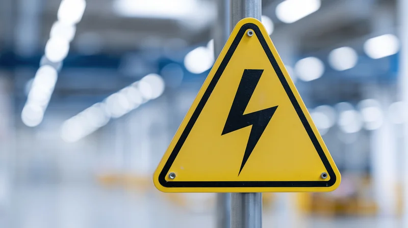 Yellow triangular warning sign with black lightning bolt on metal pole in industrial facility