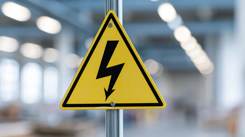Yellow triangular warning sign with black lightning bolt symbol mounted on metal pole in industrial facility