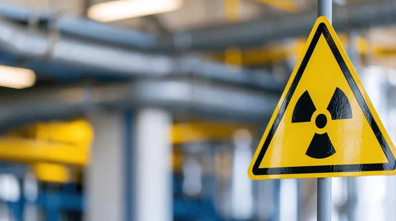 Yellow triangular radiation warning sign mounted on a pole in an industrial facility
