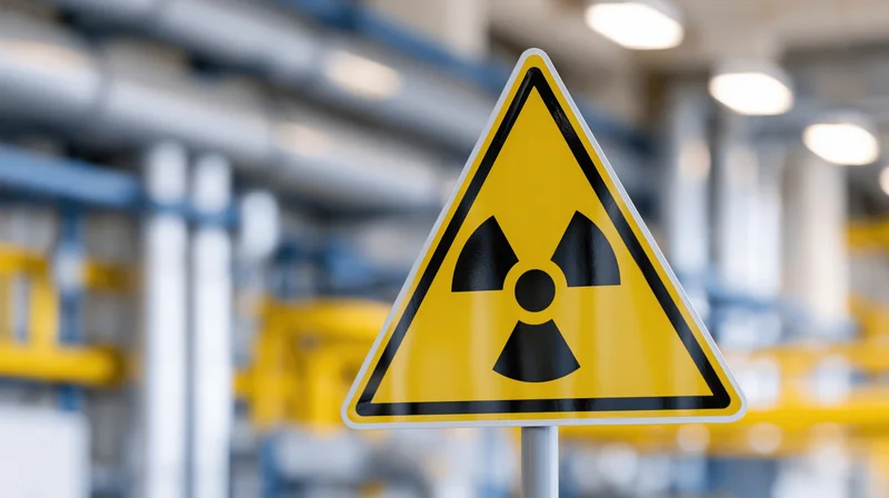 Yellow triangular radiation warning sign mounted on a pole in an industrial facility