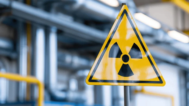Yellow triangular radiation warning sign on a pole in an industrial facility
