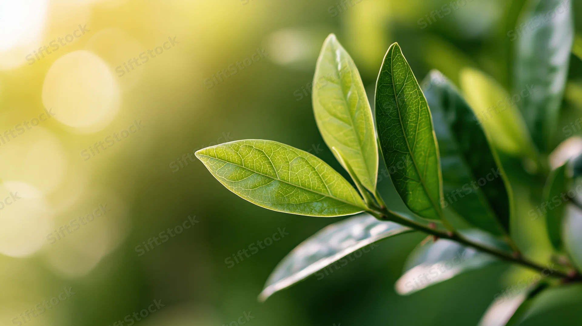 Close-up of young green leaves on a branch in natural sunlight