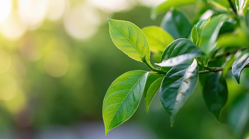 Close-up of young green leaves on a branch in natural sunlight with blurred green background