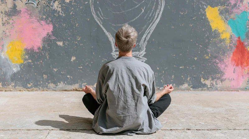 Man meditating cross-legged on concrete floor facing graffiti-covered wall