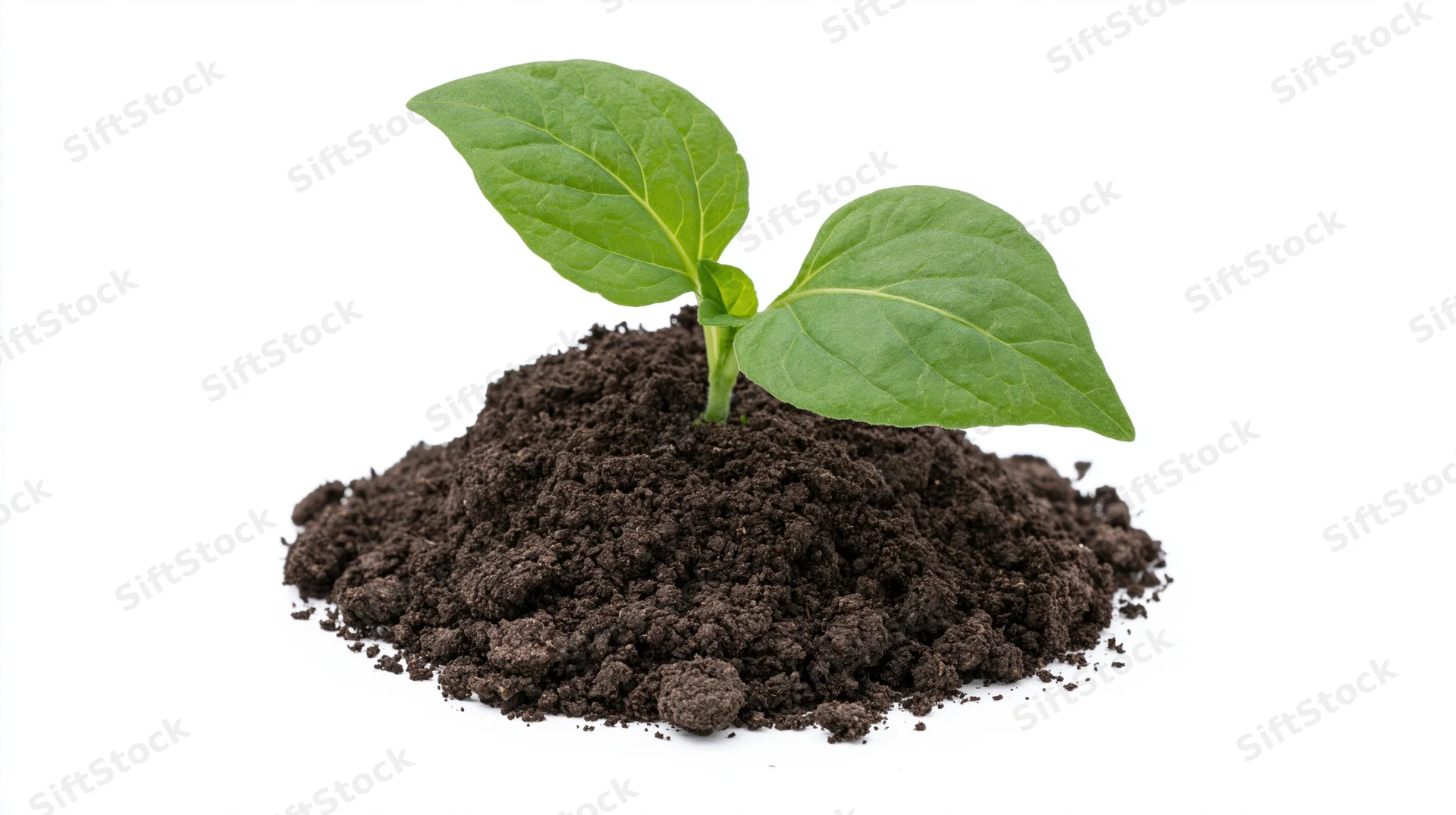 Young seedling with two green leaves sprouting from a mound of dark soil on white background