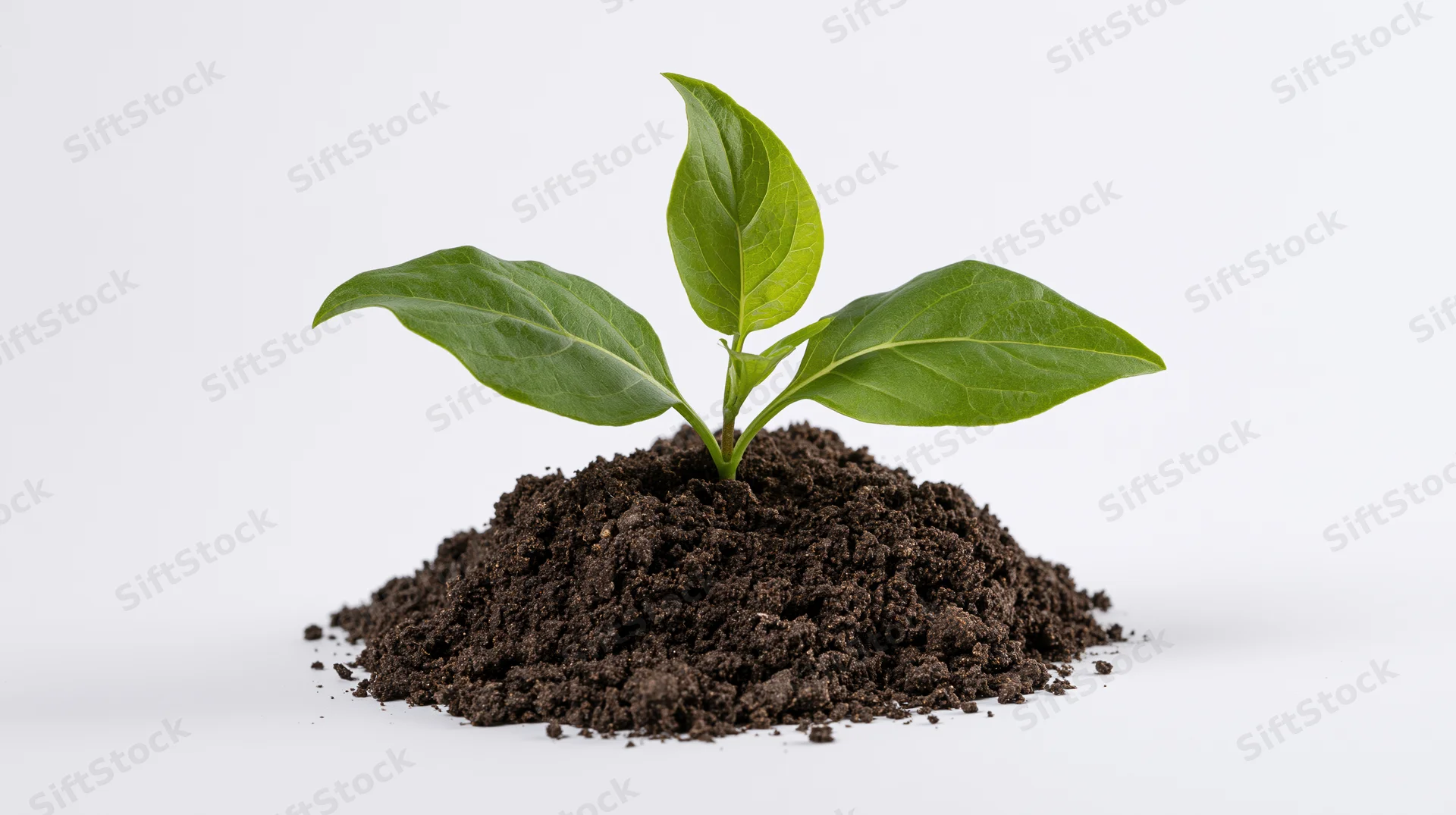 Young seedling with two green leaves sprouting from a mound of soil on white background