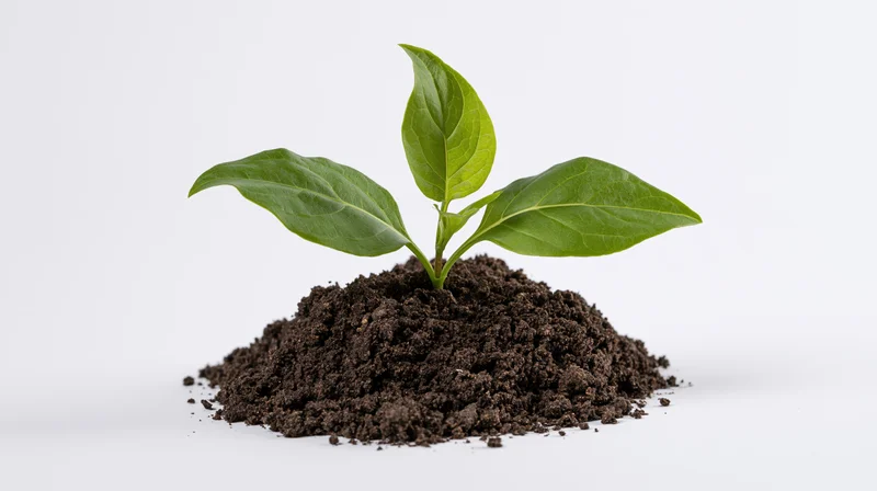 Young seedling with two green leaves sprouting from a mound of soil on white background