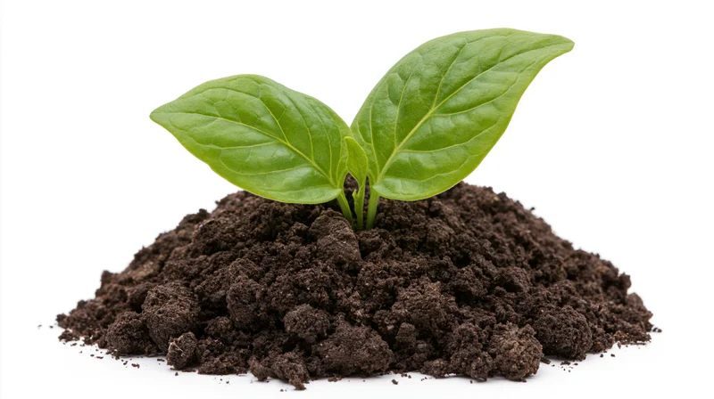 Young seedling with two bright green leaves sprouting from a mound of dark soil on white background