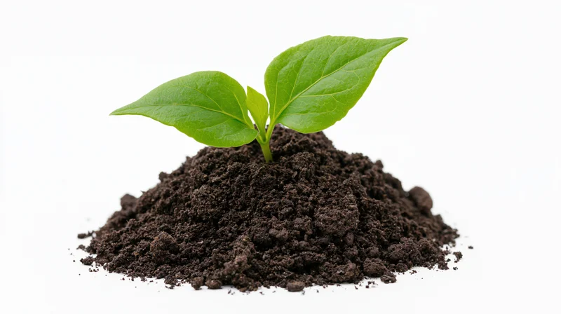 Young seedling with two green leaves sprouting from a mound of dark soil on white background